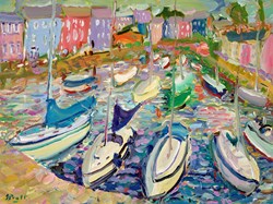 Aberaeron Harbour Mid Wales by Jeffrey Pratt - Original Painting on Board sized 32x24 inches. Available from Whitewall Galleries